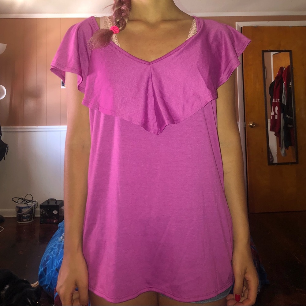 purple ruffled tee shirt